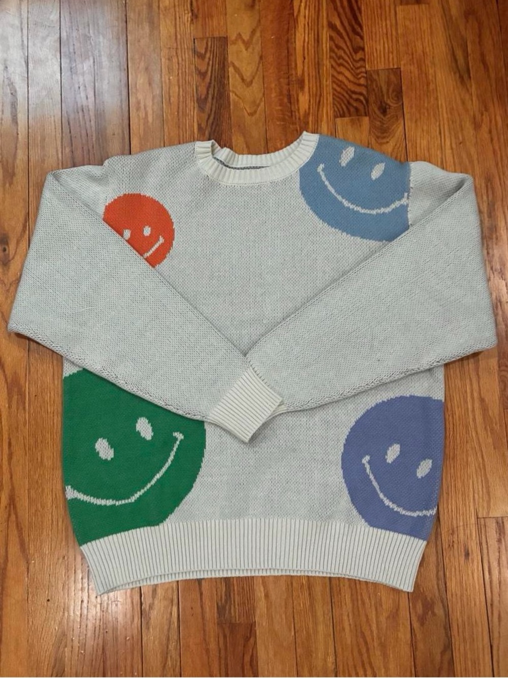 PacSun Cream Crewneck Sweater with Colorful Smiley Faces